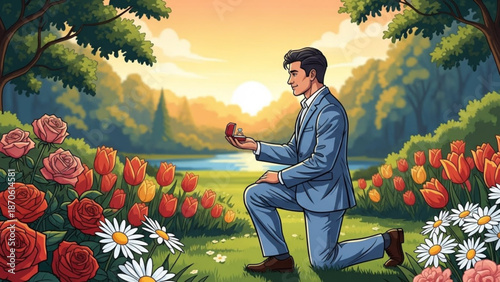 Man Proposing to Partner with Ring in Garden during Sunset