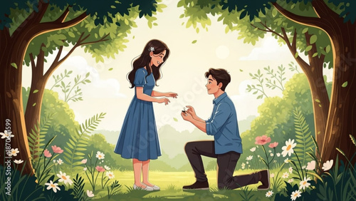 Man Proposing to Woman Kneeling on One Knee in Forest Surrounded by Flowers and Trees