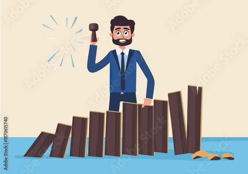 Businessman in suit stopping falling dominoes with hammer to prevent collapse and protect stability concept vector illustration in flat design