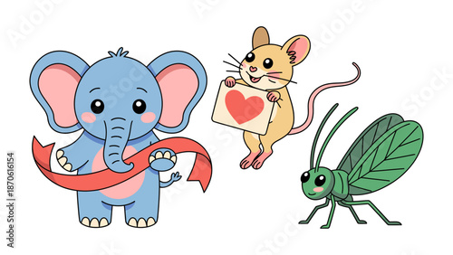 Whimsical Trio: Elephant, Mouse, and Grasshopper Celebrate Affection in Delightful Illustration.