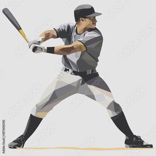 Baseball player batter poised to swing in gray uniform and helmet polygonal flat vector illustration sports concept