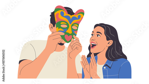 Masking the Moment: A playful moment as a person holds up a vibrant mask, captivating the attention of another person with shared excitement. 
