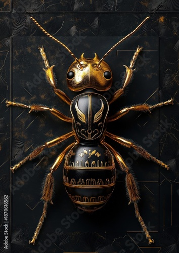 An intricate and captivating artwork of a gold ant, showcasing a blend of art and nature with detailed design on a black background.