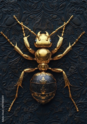 A captivating golden ant, meticulously crafted with intricate detail, stands poised on a textured, ornate background, a testament to artistry and design. 