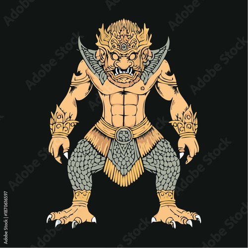 Fierce Indonesian mythological guardian demon with ornate details.