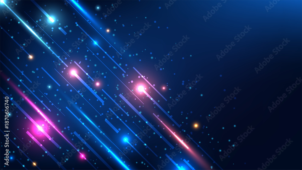 Fototapeta premium Abstract neon light motion background featuring high speed diagonal lines and glowing particles in blue and pink tones for modern cyber technology and data connection themes