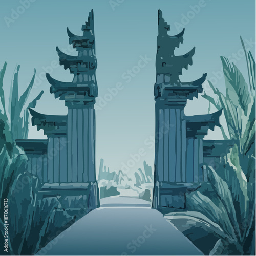 Illustrated fantasy gateway with ornate carved teal stone pillars.