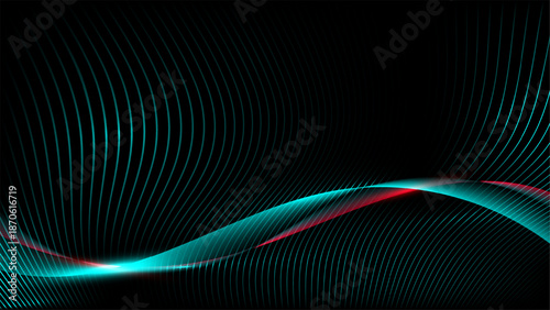 Abstract technology background with glowing cyan wave lines and digital data network on dark mesh surface for futuristic concepts
