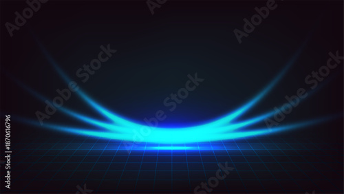 Futuristic blue neon light arc on dark cybernetic grid floor background for digital technology and metaverse concepts
