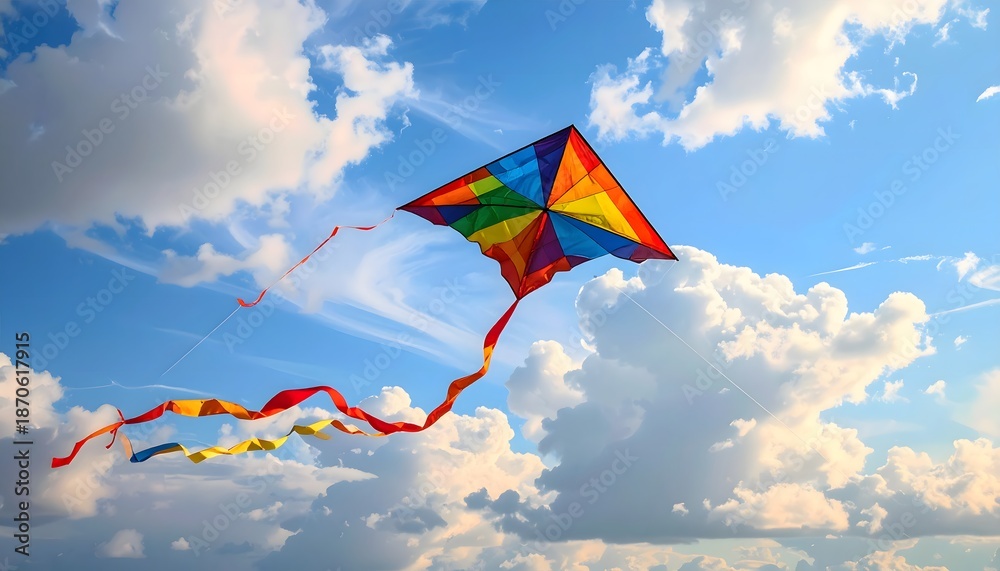 Naklejka premium Colorful kite soaring in a vibrant blue sky with fluffy white clouds