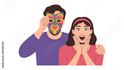 Unveiling Surprises: A masked individual reveals a colorful mask, eliciting a moment of surprised awe from a woman. The image embodies surprise, wonder, and the unveiling of a secret.
