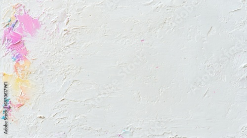 Abstract white impasto plaster texture with vibrant pink and yellow oil paint palette knife smears for creative artistic background