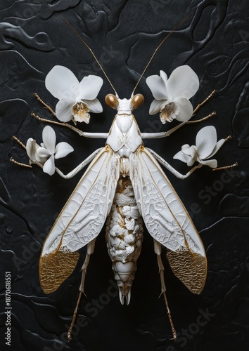 A meticulously crafted artistic representation of a stunning, unique insect adorned with delicate orchid blooms, captured in exquisite detail, and enhanced with the dark background.