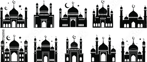 Black and white of various mosque silhouettes with crescent moons and stars architecture