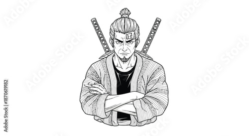 Stern Japanese Samurai Warrior Character with Crossed Arms and Katanas Art