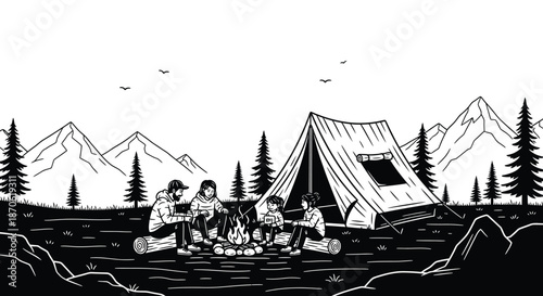 Family Camping Trip with Bonfire and Mountains Scenic Line Art