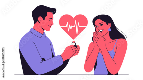 Engagement Proposal with Love : A tender moment unfolds as a man kneels before a woman, presenting a ring with love, a heart symbol with heartbeat in the air, creating a romantic gesture.