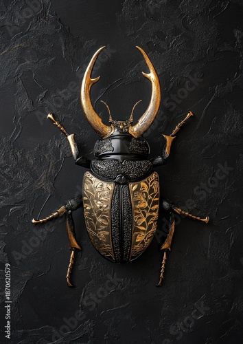A striking close-up shot of a meticulously crafted gold and black scarab beetle, its intricate details and texture emphasized against a dark, textured backdrop.
