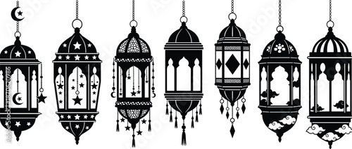 Seven black and white lanterns with intricate and hanging decorations
