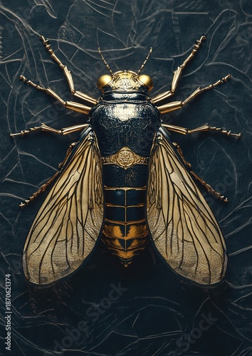A stunning metallic insect, meticulously crafted with intricate detailing, sparkles and shimmers against a dark backdrop. A true work of art.
