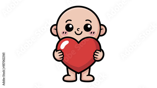 Embracing Love: An adorable cartoon baby cradles a big, red heart, expressing warmth, affection, and tenderness.