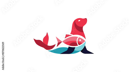 Creative seal logo design with fish inside, colorful illustration, modern art.