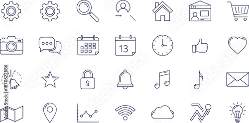Detailed Line Art Web Interface Technology Icons Essential Application Vector Set