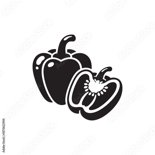 Black and white vector illustration of bell pepper and sliced pepper vegetable icon