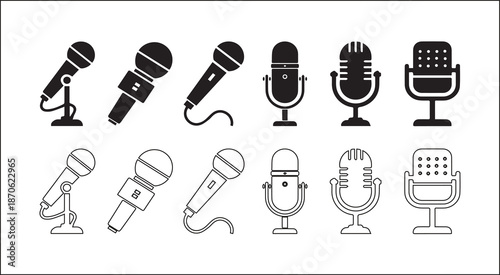 Microphone Flat and Silhouette Icon Set for Podcast, Radio, and Audio Recording – Vector Illustration Collection.