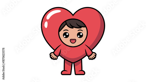 Embracing Love: a charming young character joyfully dons a whimsical heart costume, radiating warmth and affection.