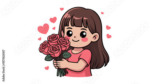 Photos Charming Girl with Roses: A delightful cartoon girl with bright eyes and a radiant smile tenderly holds a bouquet of vibrant red roses, surrounded by floating hearts