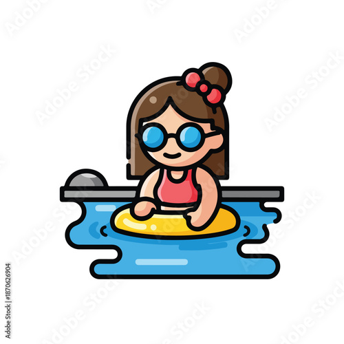 A cartoon girl in a pink swimsuit and sunglasses floats on a yellow raft in a pool