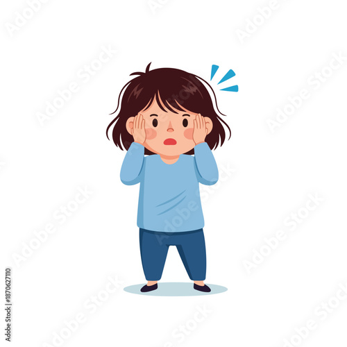 A cartoon girl with brown hair and a blue shirt covering her ears