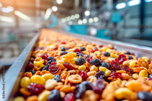 Production line with crunchy mix on conveyor in a large factory setting Generative AI