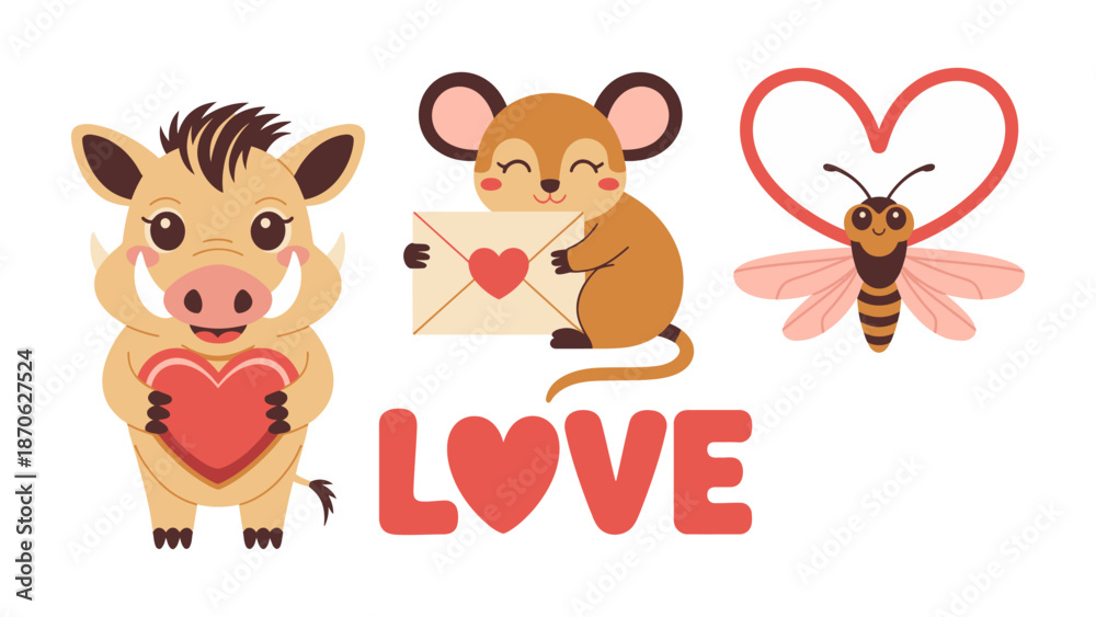 Obraz premium Valentine's Day animal characters: Embrace the spirit of love with charming cartoon animals perfect for greeting cards, invitations, and romantic design.