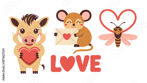 Valentine's Day animal characters: Embrace the spirit of love with charming cartoon animals perfect for greeting cards, invitations, and romantic design.