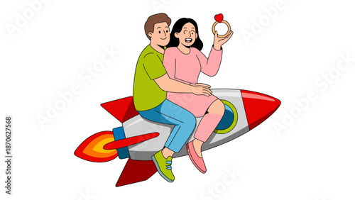 Love's Ascent: A couple embarks on a rocket, signifying the commencement of a new journey, the ring a token of their eternal commitment. Capturing love's journey with a touch of the extraordinary