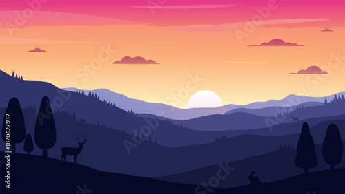 Beautiful Vector Illustration of a Serene Mountain Landscape at Sunset with Deer and Rabbit