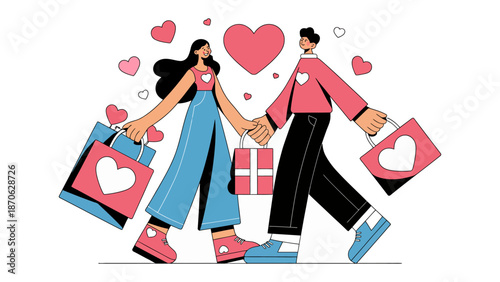 Romantic Shopping Spree: A loving couple strolls hand-in-hand, their shopping bags filled with gifts, floating hearts above them, celebrating togetherness and the joy of gifting. 