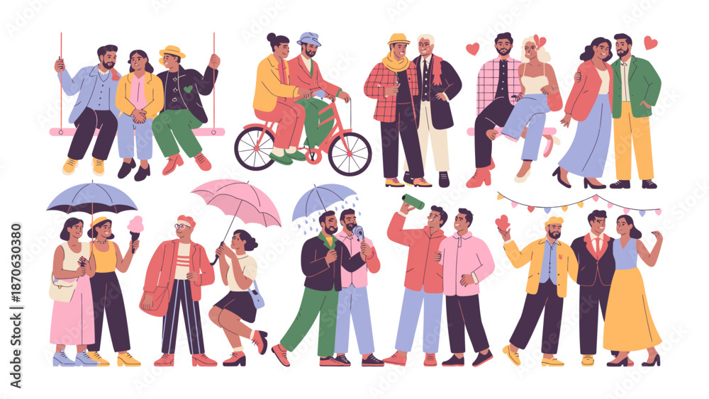 Fototapeta premium Love in Diversity: A vibrant collage depicts diverse couples in moments of joy and connection. The illustrations celebrate relationships of different backgrounds and orientations.