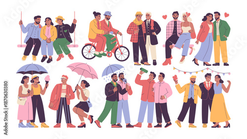 Love in Diversity: A vibrant collage depicts diverse couples in moments of joy and connection. The illustrations celebrate relationships of different backgrounds and orientations.