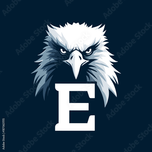 Fierce white eagle head illustration with letter E, strong bird of prey graphic design for sports mascot or team logo