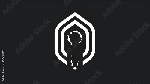 Abstract minimalist logo design featuring a human figure within an emblem shape.
