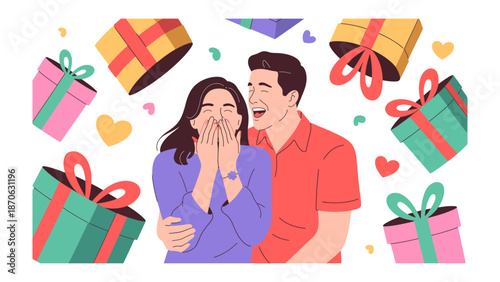 Love's Surprise: A romantic illustration of a man embracing a woman, surrounded by colorful gift boxes, expressing joy and affection, perfect for celebrations of love.