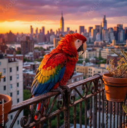 Vibrant scarlet macaw perches on balcony railing overlooking glowing sunset cityscape