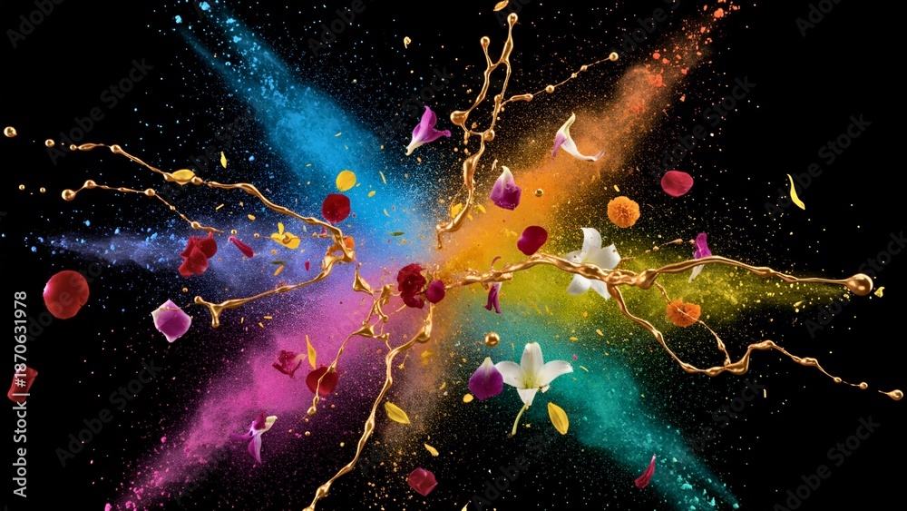 Obraz premium Abstract Golden Liquid Splash with Colorful Powder Explosion and Flowers