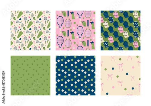 Retro tennis seamless pattern collection with rackets, bow and balls. Sport repeating print perfect for wrapping paper, backgrounds or textile vintage accents. Vector pink, green beige coquette aop bg
