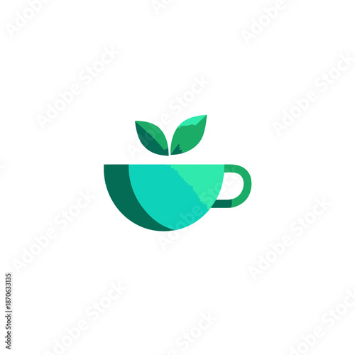 Flat design green tea cup with fresh leaves icon, natural organic healthy beverage symbol, herbal drink concept illustration.