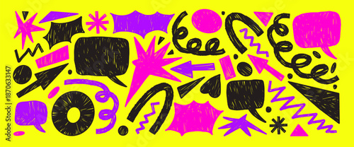 Neon colors abstract geometric speech bubbles shapes. Crayon black purple naive bangs and promo text boxes. Hand drawn talk tags elements with textured brush. Kids vector scribble figures bg.