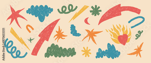 Hand-drawn crayon scribble shapes and abstract geometric figures. Playful collage stickers. Colorful blobs, stars, arrows, and doodles form a funky design set. Vector modern geometry isolated on beige